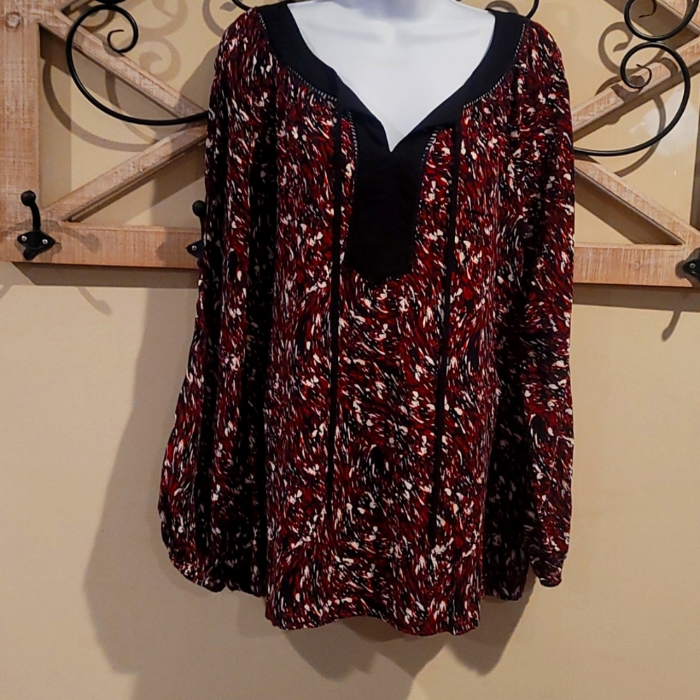Black, White & Burgundy Long Sleeve Blouse.  Cato XL